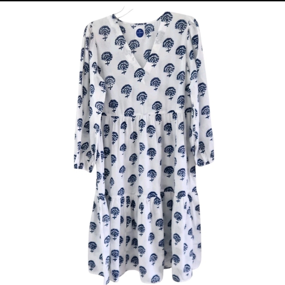 Navy Bleu Blue White Cotton Summer Dress V Neck Lightweight Coverup Beach Size S